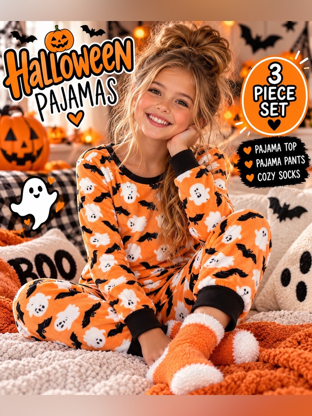 Modern Kids Halloween Pajama Set Size 12 Ghost Bat 3 Piece NWT